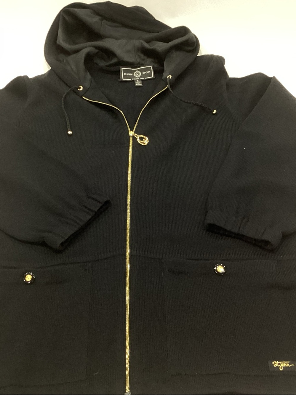 St. John Sport Black Hooded Full Zip Jacket Women's Logo Pockets